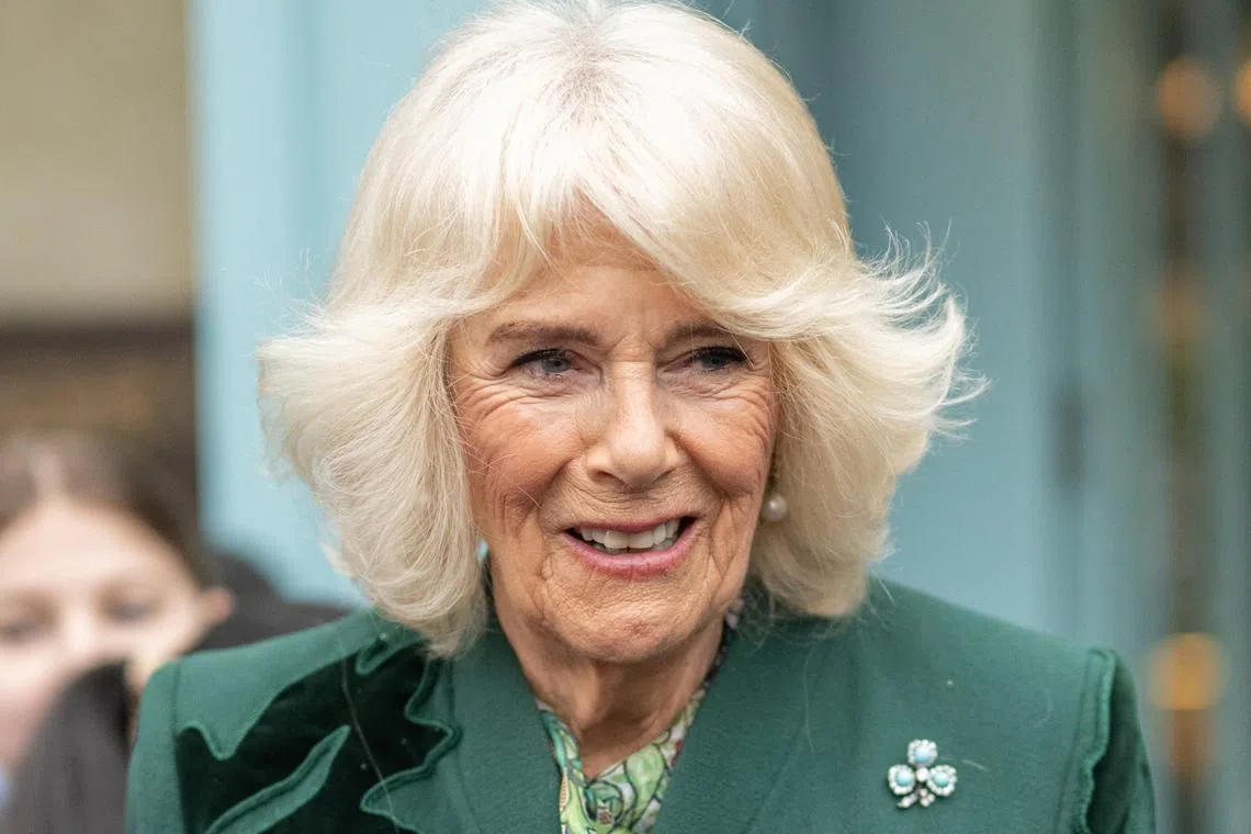 Britain's Queen Camilla visits Knotts Bakery in Belfast, Northern Ireland, on March 21.
