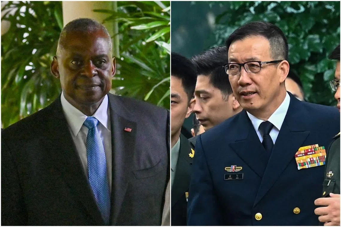 US Defence Secretary Lloyd Austin (left) and Chinese Defence Minister Dong Jun began their meeting at 12.50pm at the Shangri-La Hotel. 