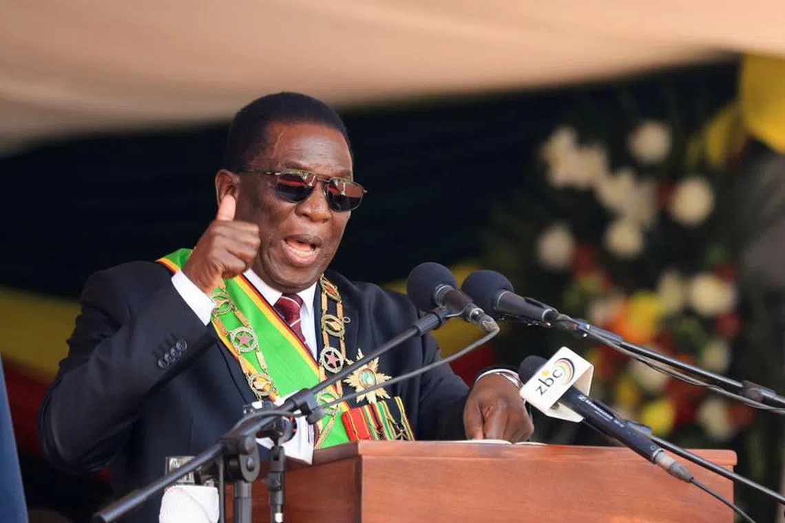 FILE PHOTO: Zimbabwe President Emmerson Mnangagwa speaks during his inauguration at the National Sports Stadium in Harare, Zimbabwe September 4, 2023. REUTERS/Philimon Bulawayo/File Photo