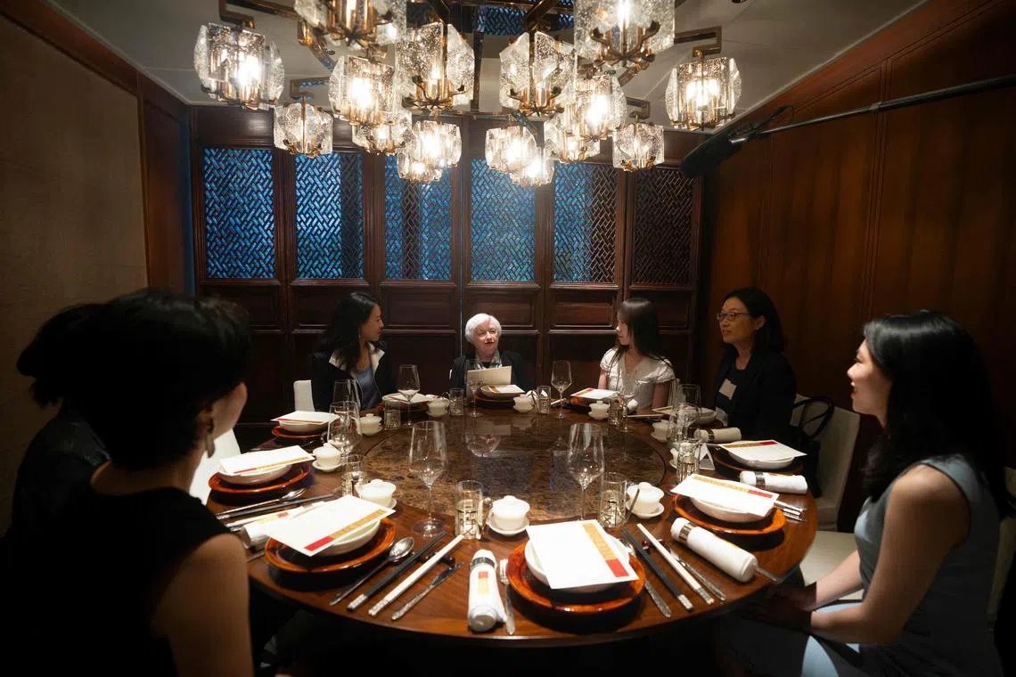 Treasury Secretary Janet Yellen (centre) at a lunch meeting with women economists in Beijing on July 8.
