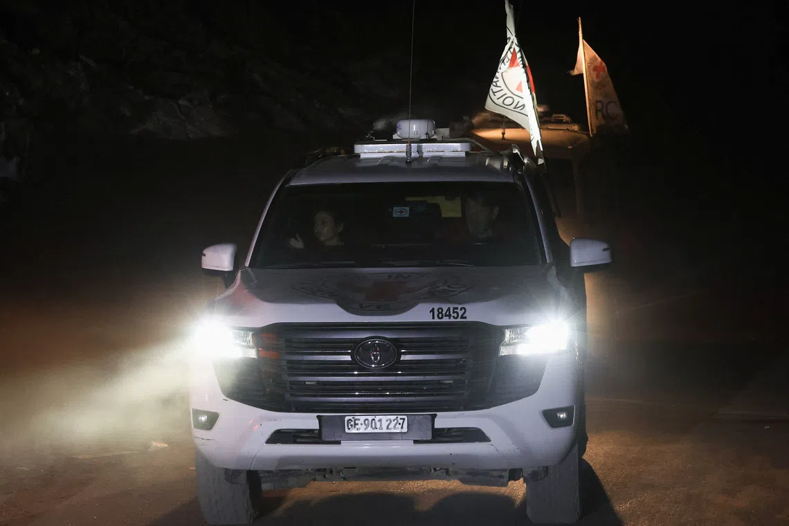 A Red Cross vehicle transports a body, after Hamas said that it found the body of an Israeli hostage soldier on Tuesday and prepares to return it to Israel through the Red Cross, in Gaza City, November 4, 2025. REUTERS/Dawoud Abu Alkas