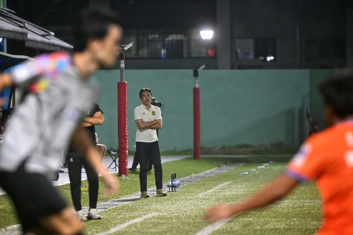 BG Tampines Rovers coach Katsuhito Kinoshi watches on with his arms folded during his team's 3-2 loss against Albirex Niigata at the Jurong East Stadium on Apr 4, 2026.