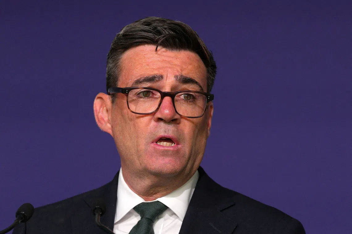 FILE PHOTO: LONDON, ENGLAND - AUGUST 21: British Prime Minister Andy Burnham delivers closing remarks during the first National Day for Victims and Survivors of Terrorism memorial event at Lancaster House on August 21, 2026 in London, England.       Carl Court/Pool via REUTERS/File Photo