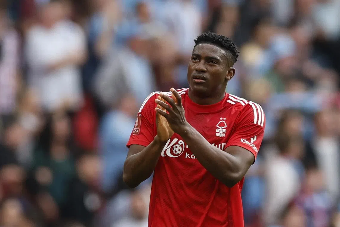 FILE PHOTO: Soccer Football - FA Cup - Semi Final - Nottingham Forest v Manchester City - Wembley Stadium, London, Britain - April 27, 2025 Nottingham Forest's Taiwo Awoniyi applauds fans after the match Action Images via Reuters/Jason Cairnduff/File Photo