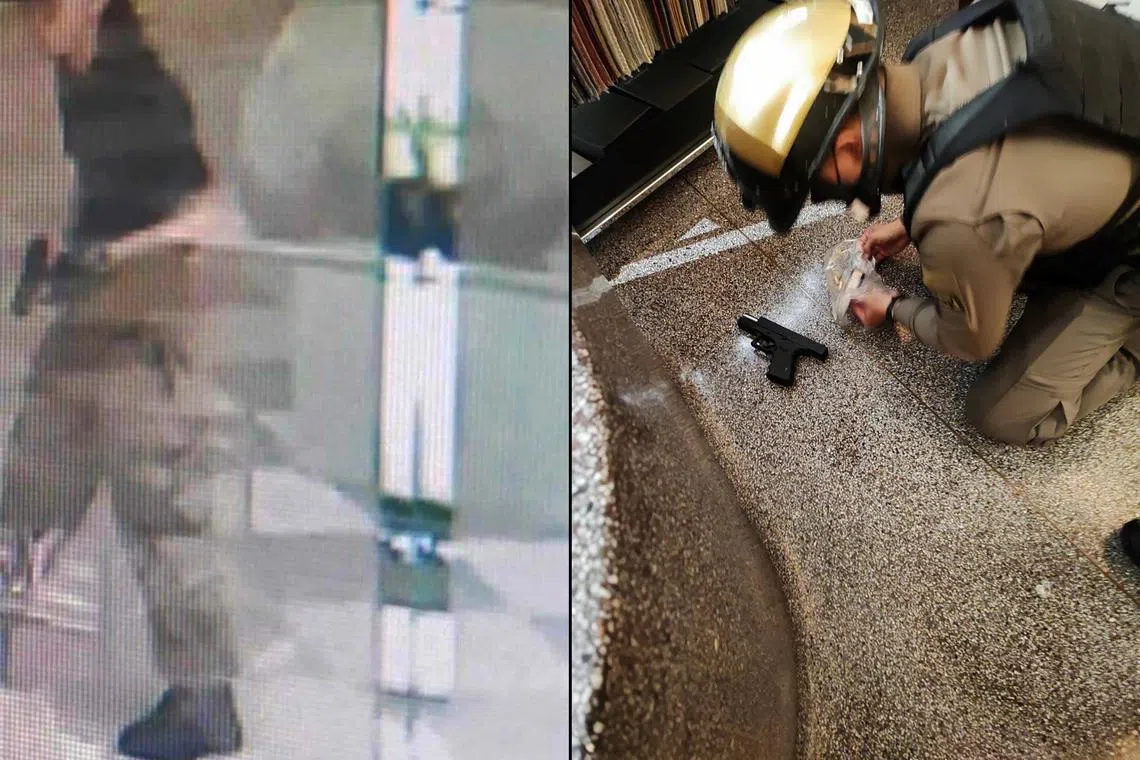 (Left): A picture reportedly of the shooter at Siam Paragon Mall.  (Right): A police officer collecting a gun following shots fired at the luxury Siam Paragon shopping mall, in Bangkok, Thailand on Oct 3, 2023. Thai rescue workers association/Handout via REUTERS NO RESALES NO ARCHIVES. THIS IMAGE HAS BEEN SUPPLIED BY A THIRD PARTY