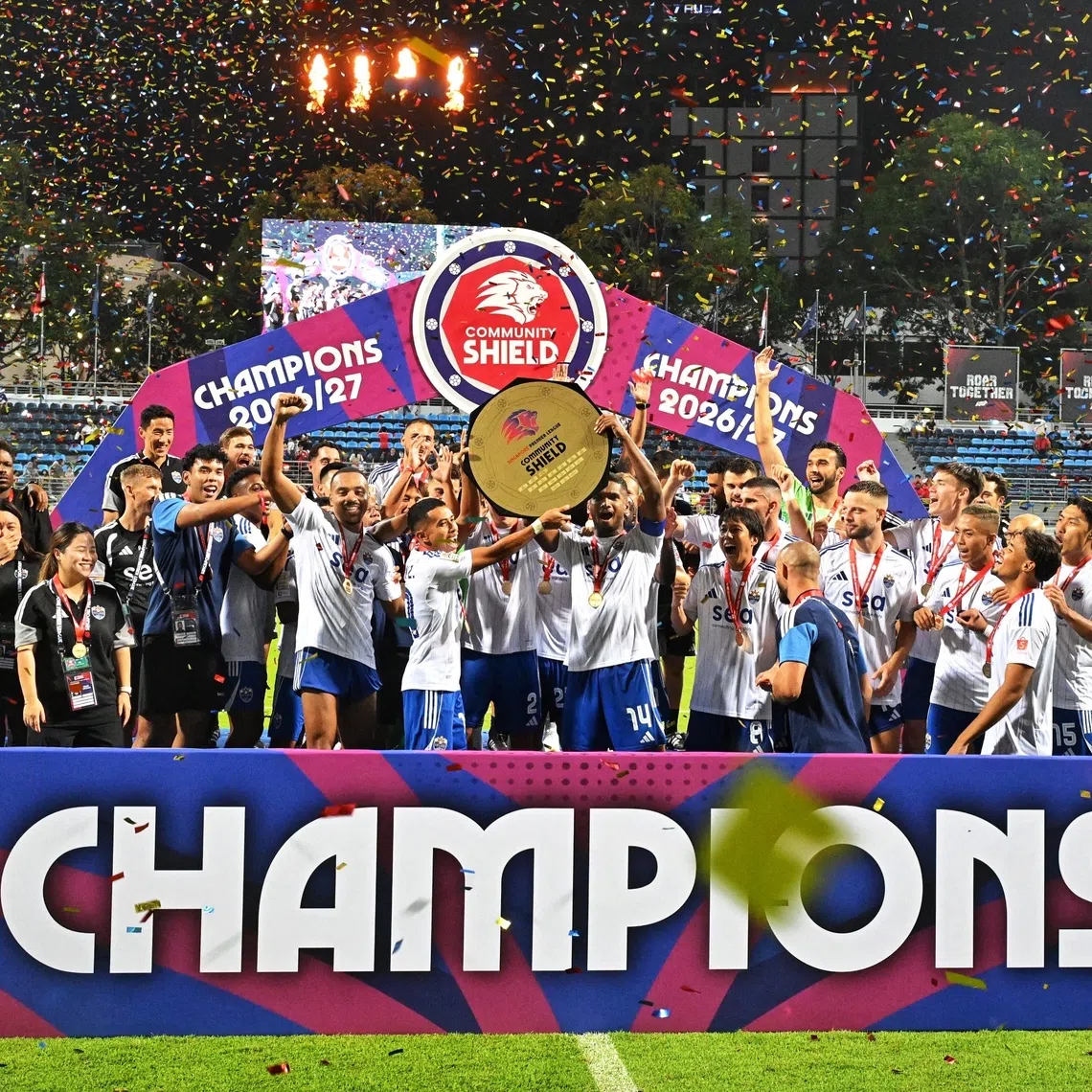 The Lion City Sailors celebrating after beating Tampines Rovers 2-0 to win the Community Shield on Sept 6.