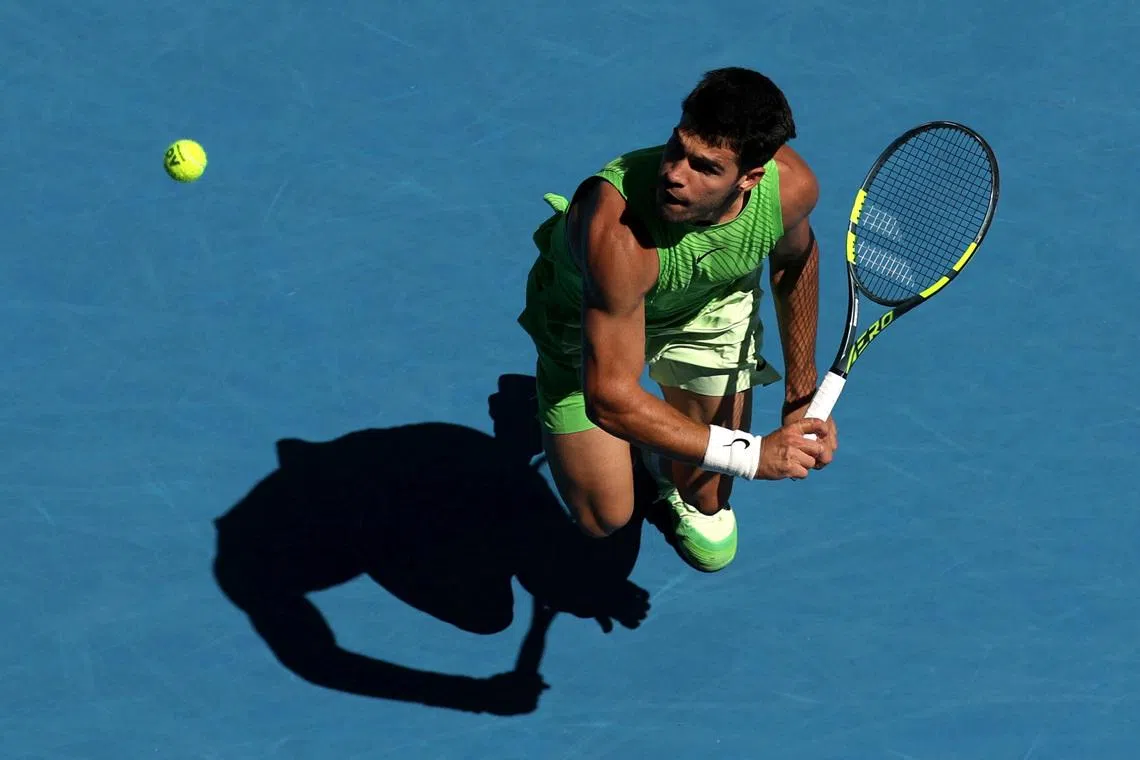 Tennis - Australian Open - Melbourne Park, Melbourne, Australia - January 23, 2026 Spain's Carlos Alcaraz in action during his third round match against France's Corentin Moutet REUTERS/Edgar Su