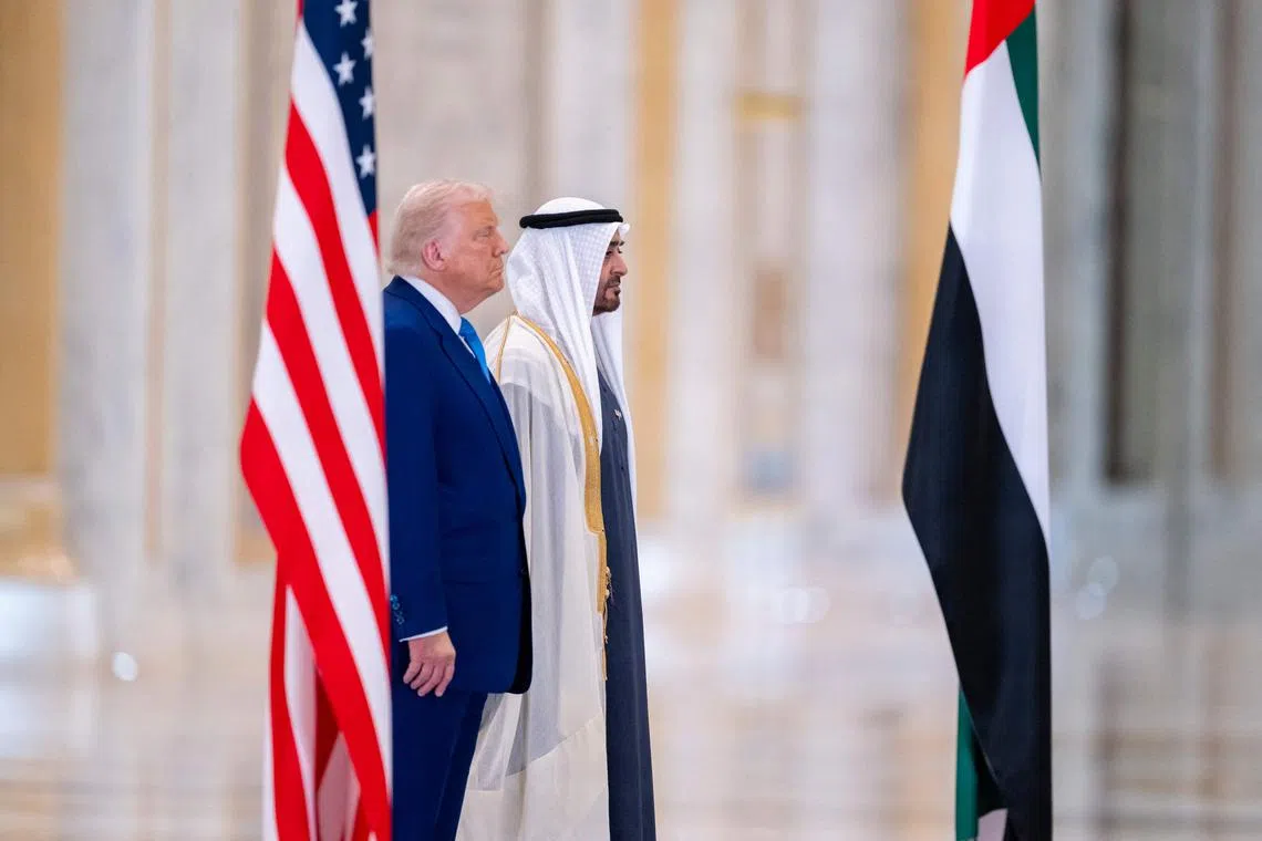 US President Donald Trump and his UAE counterpart Sheikh Mohamed bin Zayed Al Nahyan at the Qasr Al-Watan in Abu Dhabi on May 15.