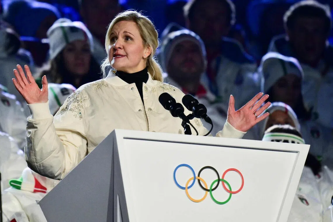 International Olympic Committee (IOC) president Kirsty Coventry at the Milano Cortina Winter Olympic Games closing ceremony in Verona on Feb 22, 2026. She wants the IOC to take a leading role in finding consensus on gender equity in sport.