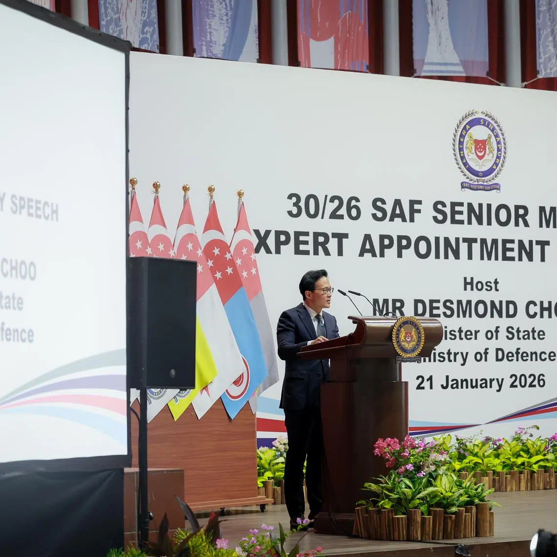 Minister of State for Defence Desmond Choo speaking at the 30/26 Senior Military Expert Appointment Ceremony on Jan 21.