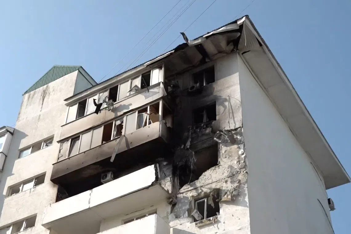 A damaged apartment building following an overnight attack, what local authorities called a Ukrainian drone strike, in the course of the Russia-Ukraine conflict in Novorossiysk, Russia, in this still image taken from video released on August 12, 2026.  Operations Headquarters of Krasnodar Region/Handout via REUTERS
