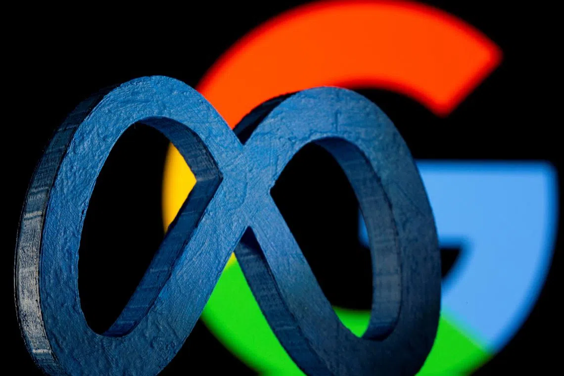 FILE PHOTO: A 3D printed Facebook's new rebrand logo Meta is seen in front of displayed Google logo in this illustration taken on November 2, 2021. REUTERS/Dado Ruvic/Illustration/File Photo