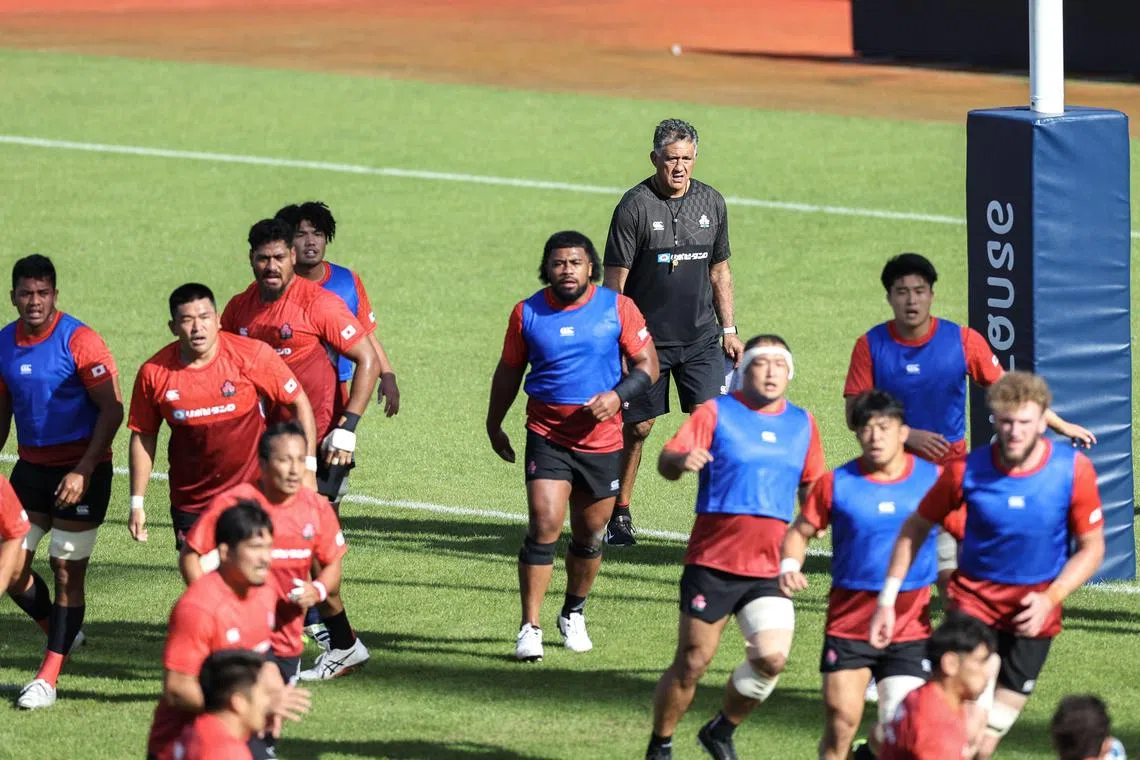 Japan coach Jamie Joseph keeping a close watch on his players as they train ahead of their Rugby World Cup clash with Samoa.