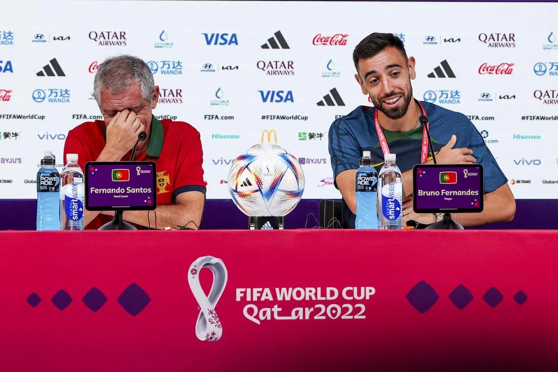 Portugal coach Fernando Santos and midfielder Bruno Fernandes during the press conference ahead of their World Cup opener against Ghana.