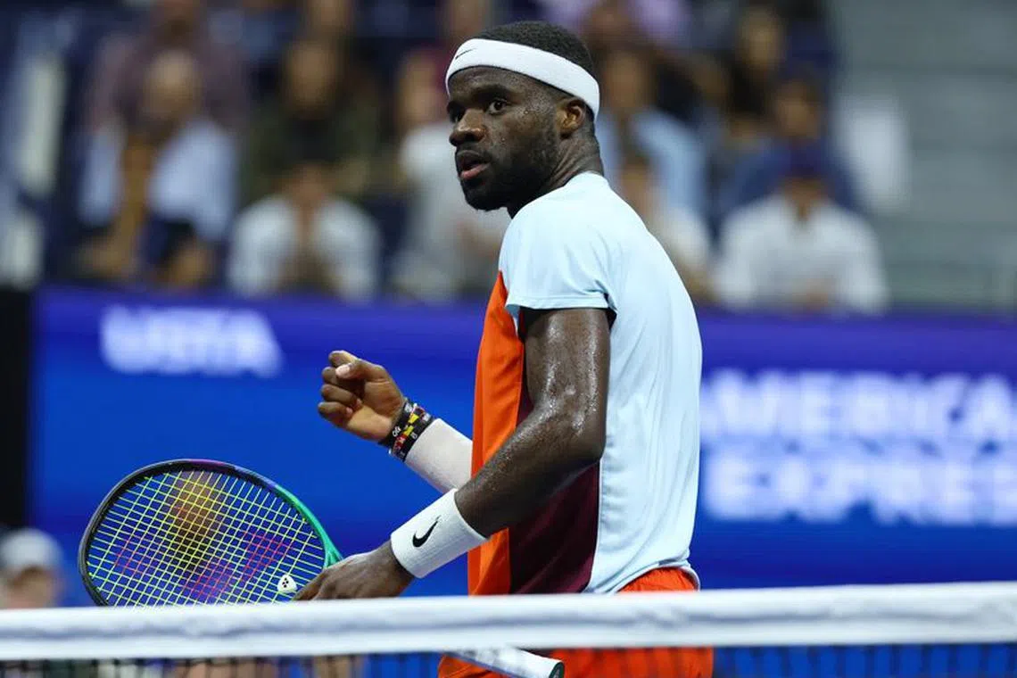 FILE PHOTO: Tennis - U.S. Open - Flushing Meadows, New York, United States - September 9, 2022 Frances Tiafoe of the U.S. reacts during his semi final match against Spain's Carlos Alcaraz REUTERS/Mike Segar/File photo