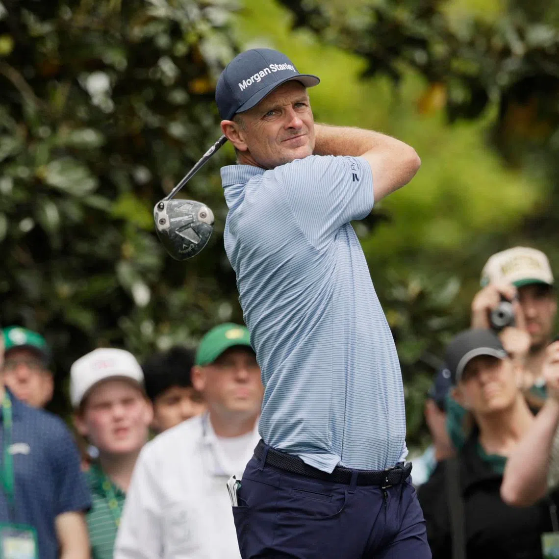 Golf - The Masters - Augusta National Golf Club, Augusta, Georgia, U.S. - April 6, 2026 England's Justin Rose hits his tee shot on the 9th hole during a practice round REUTERS/Brian Snyder