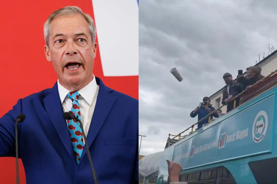 Mr Farage (left) was campaigning in an open-top bus when an object was thrown at him.