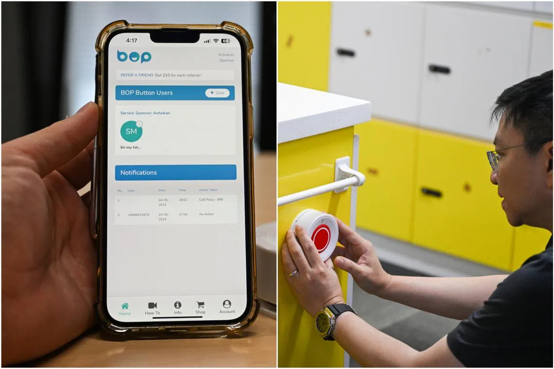Elderly folk facing an emergency can hit the red BOP Button (right), which directs them to a 24-hour response centre. Its accompanying mobile app (left) will notify his or her next of kin of the situation.