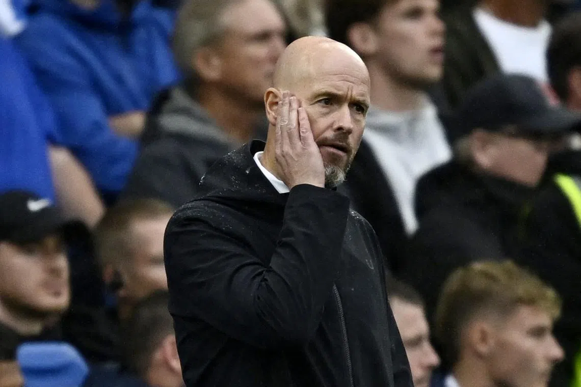 Soccer Football - Premier League - Brighton & Hove Albion v Manchester United - The American Express Community Stadium, Brighton, Britain - August 24, 2024 Manchester United manager Erik ten Hag reacts REUTERS/Tony O Brien