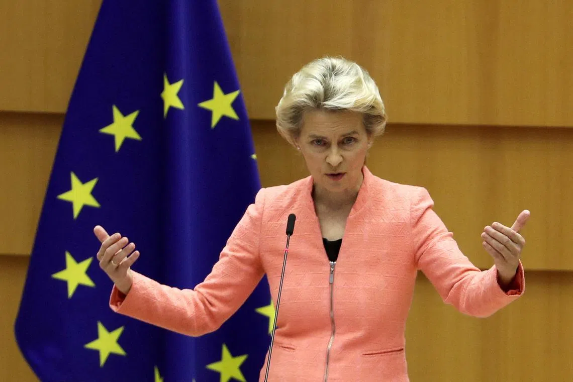 FILE PHOTO: European Commission President Ursula von der Leyen gestures as she addresses her first State of the European Union speech during a plenary session of the European Parliament as the coronavirus disease (COVID-19) outbreak continues, in Brussels, Belgium September 16, 2020. REUTERS/Yves Herman/File Photo