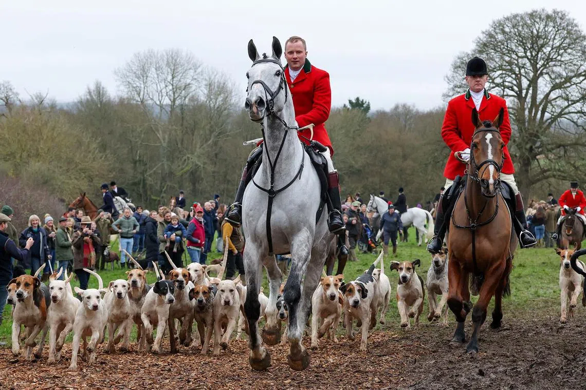 Members of the Old Surrey, Burstow and West Kent Hunt take part in the annual Boxing Day trail hunt, in Chiddingstone, Britain, December 26, 2024. REUTERS/Kevin Coombs