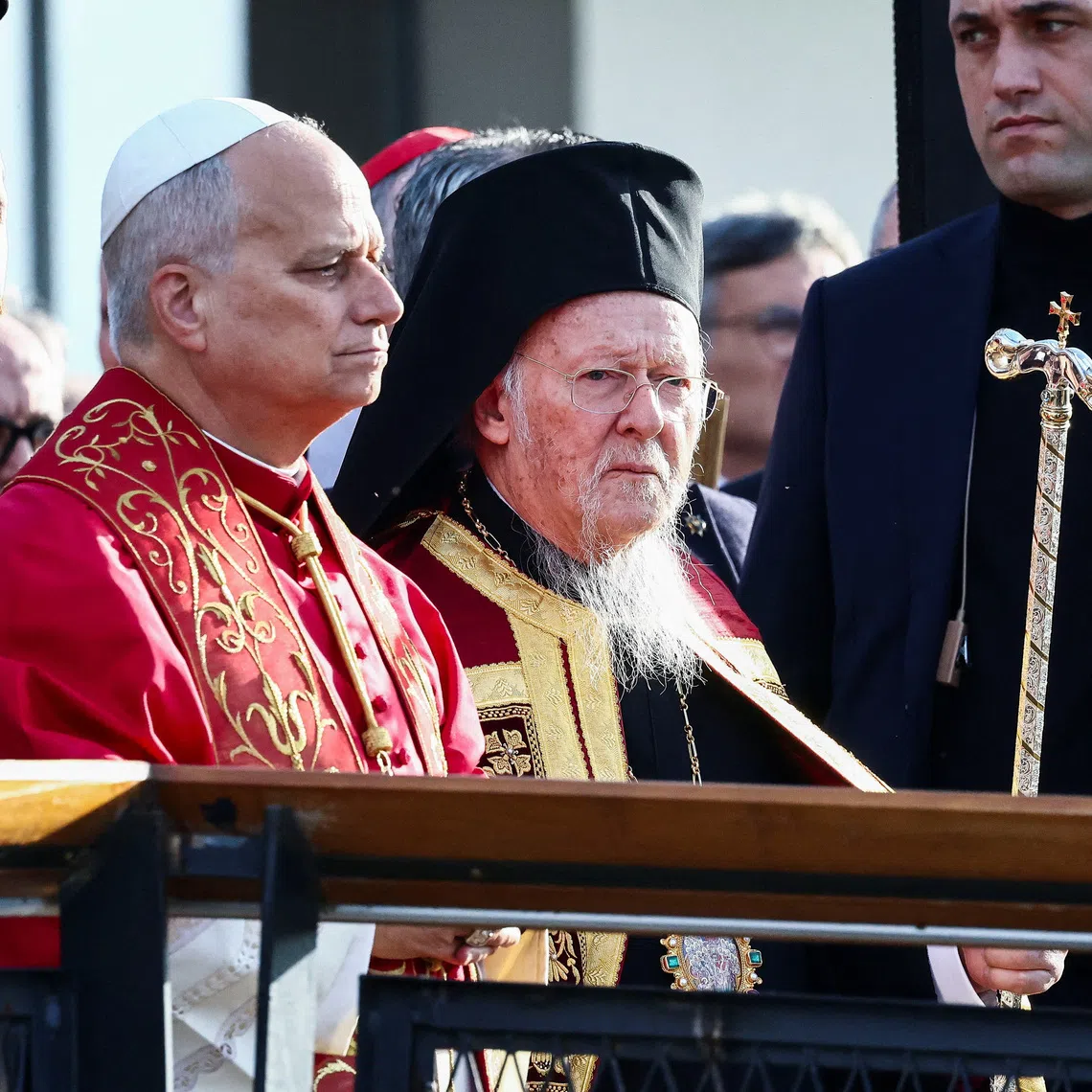 Pope Leo XIV and Ecumenical Patriarch Bartholomew I of Constantinople participating in a prayer service in Iznik, Turkey on Nov 28.