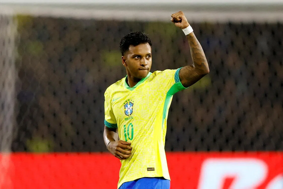 Soccer Football - World Cup - South American Qualifiers - Brazil v Ecuador - Estadio Antonio Couto Pereira, Curitiba, Brazil - September 6, 2024 Brazil's Rodrygo celebrates scoring their first goal REUTERS/Rodolfo Buhrer