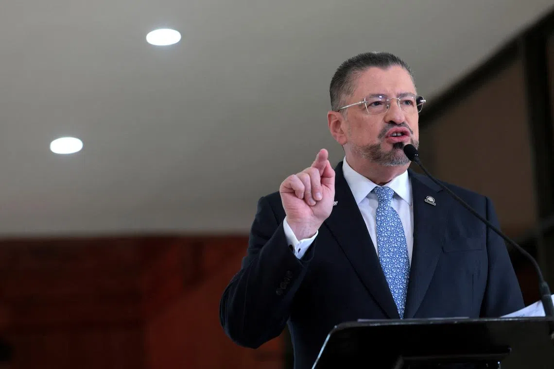 FILE PHOTO: President of Costa Rica Rodrigo Chaves Robles speaks during a press conference with U.S. Homeland Security Secretary Kristi Noem at the Casa Presidencial, in San Jose, Costa Rica, June 25, 2025. Anna Moneymaker/Pool via REUTERS/File Photo