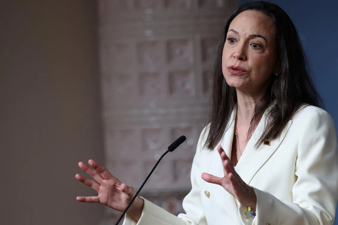Nobel Peace Prize laureate and Venezuelan opposition leader Maria Corina Machado speaks during a press conference in Oslo, Norway December 11, 2025. REUTERS/Leonhard Foeger