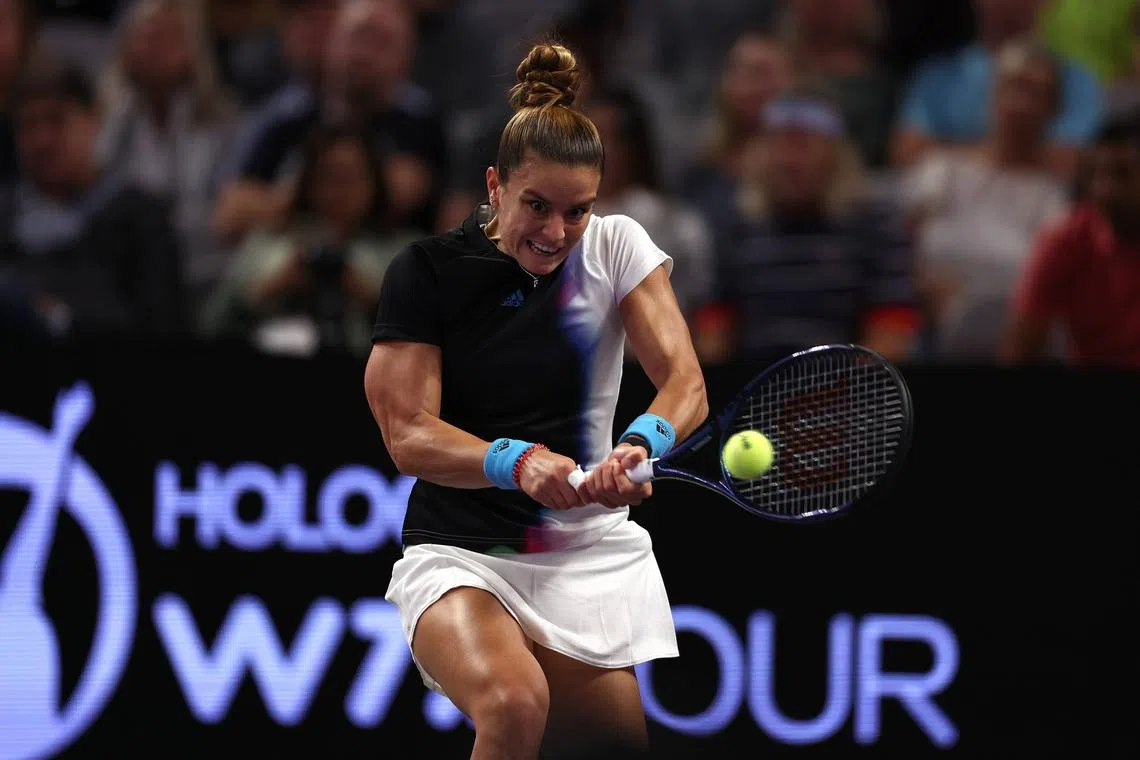 Maria Sakkari of Greece returns a shot against Belarus' Aryna Sabalenka in their WTA Finals group match at Dickies Arena on Wednesday.