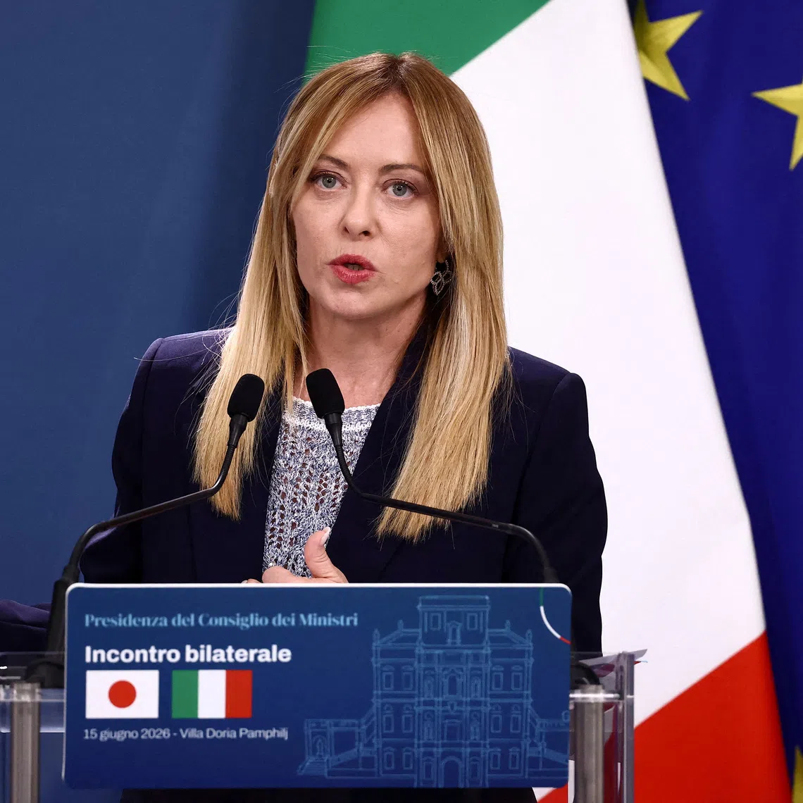 FILE PHOTO: Italian Prime Minister Giorgia Meloni gives a press statement at Villa Doria Pamphilj in Rome, Italy, June 15, 2026. REUTERS/Guglielmo Mangiapane/File Photo