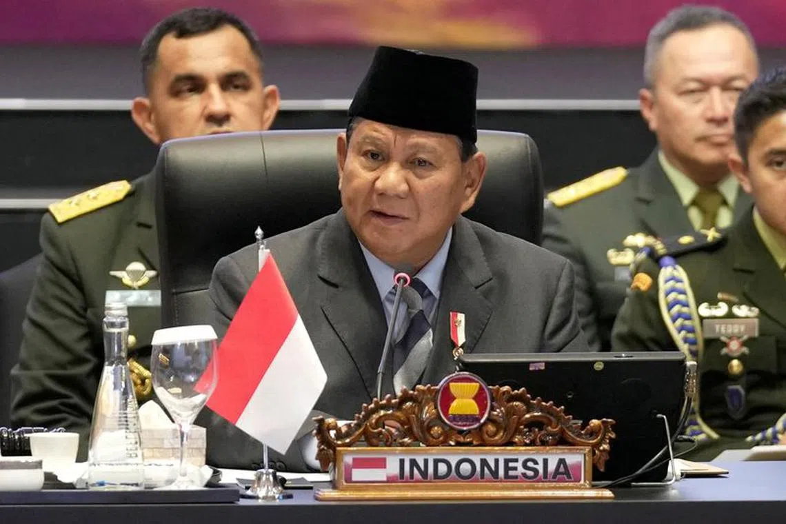 FILE PHOTO: Indonesia's Defense Minister Prabowo Subianto delivers his remarks during the opening session of the Association of Southeast Asian Nations (ASEAN) Defense Ministers Meeting in Jakarta, Indonesia, November 15, 2023. Dita Alangkara/Pool via REUTERS/File Photo