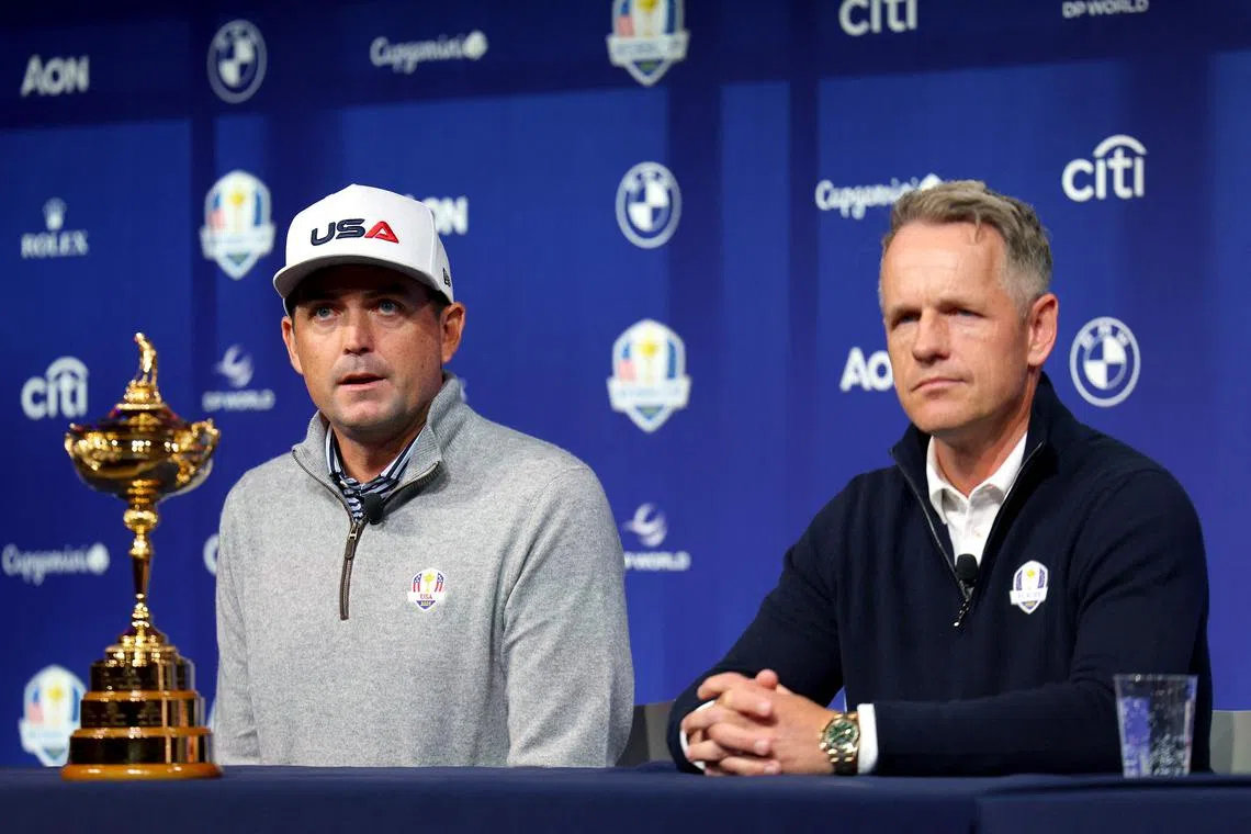 Keegan Bradley and Luke Donald speak at a press conference during the Ryder Cup 2024 Year to Go Media Event.