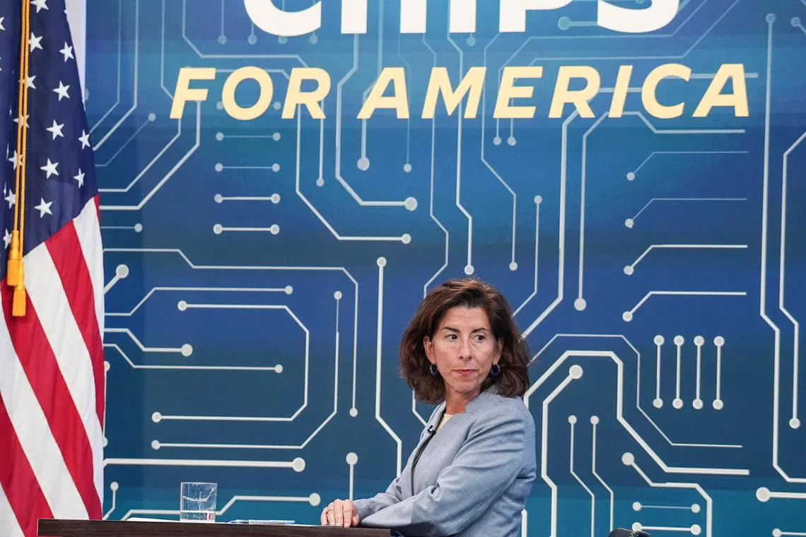 US Secretary of Commerce Gina Raimondo at a meeting with to discuss the importance of passing the Chips Act to bolster America's competitive edge, its manufacturing power and national security at the White House on July 25, 2022.