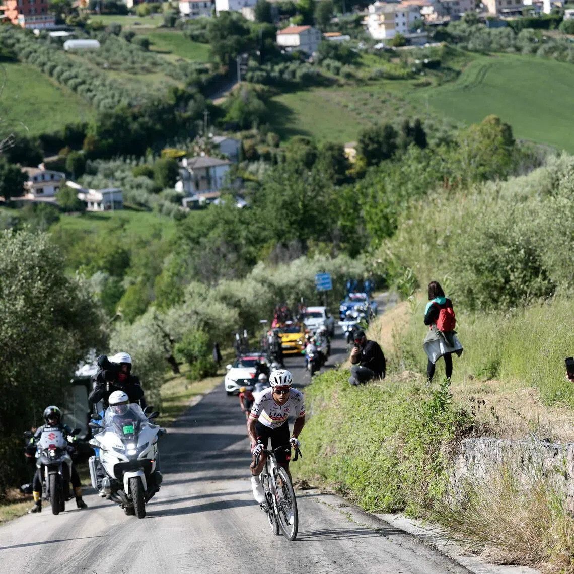 UAE Team Emirates-XRG's Ecuadorian rider Jhonatan Narvaez leads the 8th stage of the Giro d'Italia 2026-Tour of Italy cycling race between Chieti and Fermo, central Italy on May 16, 2026.