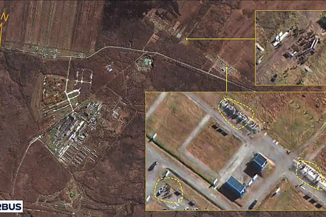 This handout from South Korea's National Intelligence Service released on Oct 18 shows a satellite image by Airbus Defence and Space of Russia's Khabarovsk military facility, where the NIS said North Korean personnel gathered within the training ground on Oct 16. North Korea has decided to send a "large-scale" troop deployment to Russia to support tts ally's war in Ukraine. 