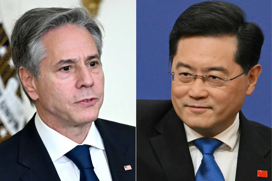 In a call with US Secretary of State Antony Blinken (left), Chinese foreign minister Qin Gang urged the US to stop meddling in its affairs. PHOTO: AFP