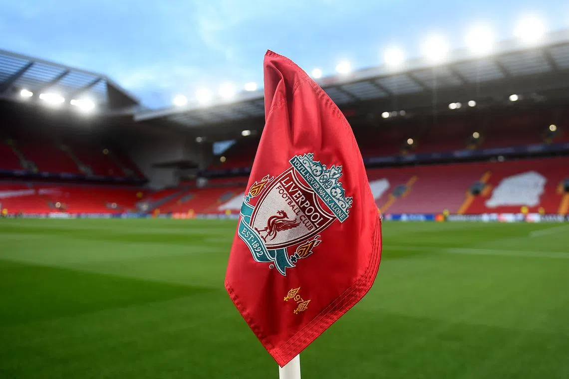 Soccer Football - Champions League - Round of 16 - Second Leg - Liverpool v Paris St Germain - Anfield, Liverpool, Britain - March 11, 2025 General view of the corner flag inside the stadium before the match REUTERS/Peter Powell