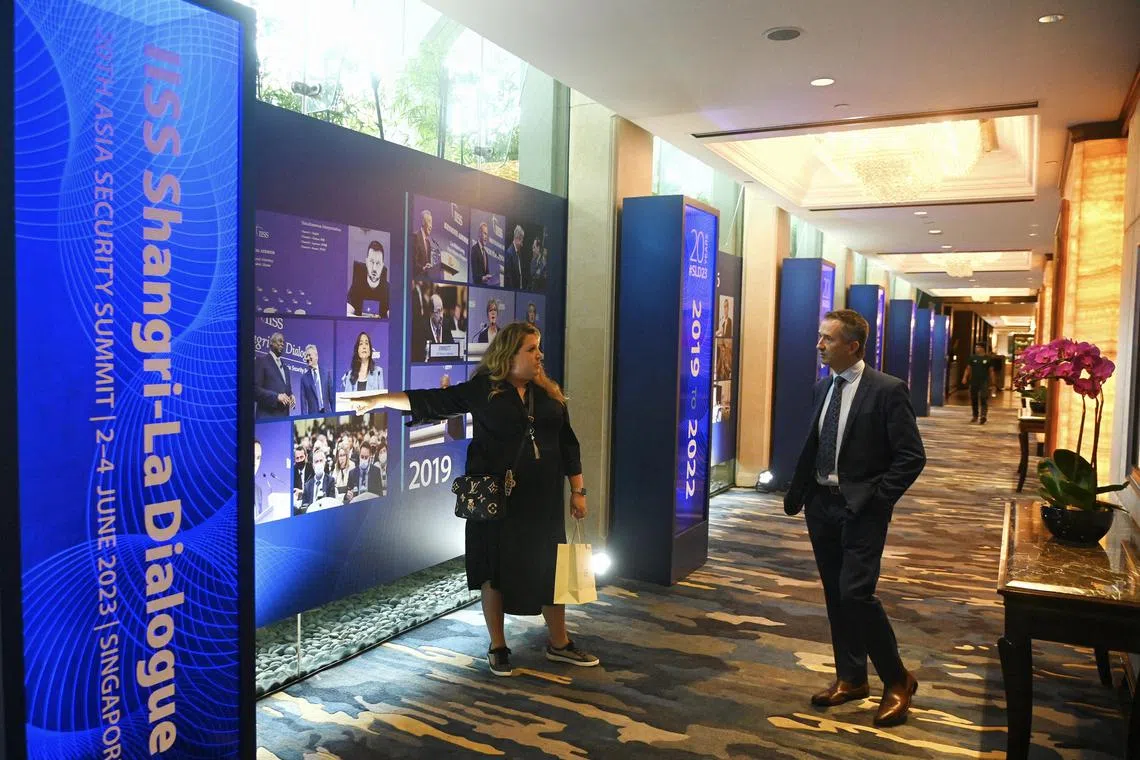 A huge LED panel of the 20th Shangri-La Dialogue lined up inside Shangri-La Singapore on 1 June 2023.