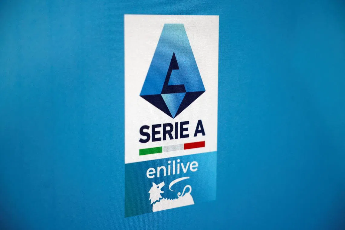 FILE PHOTO: The new logo of Serie A football league is displayed during an event to celebrate a deal between Eni biofuel unit Enilive and Italy's football league to sponsor the country's top championship Serie A in Rome, Italy July 3, 2024. REUTERS/Guglielmo Mangiapane/File Photo