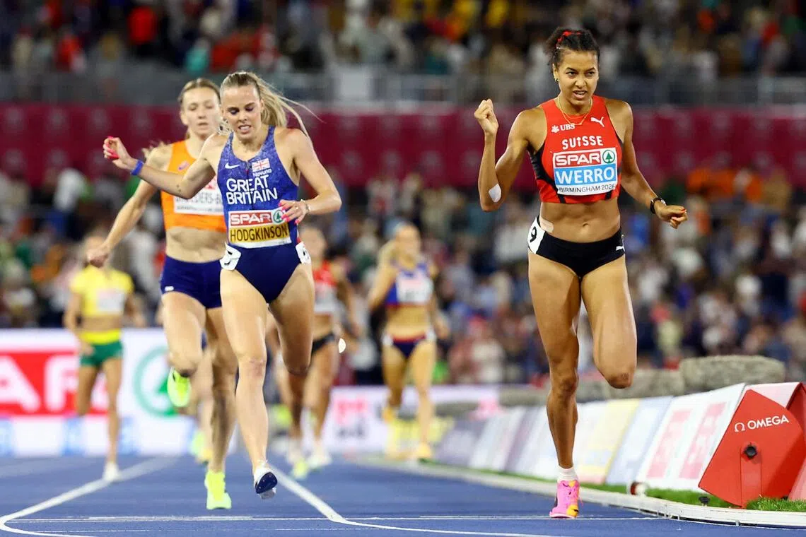 Switzerland’s Audrey Werro crossing the finish line to win the women’s 800m ahead of Britain’s Keely Hodgkinson.