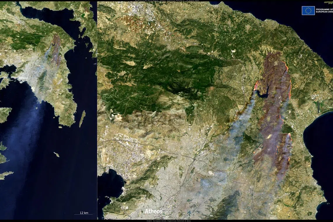 FILE PHOTO: A handout image shows satellite views of wildfires burning in Greece, August 12, 2024. European Union/Copernicus Sentinel-2 Imagery/Handout via REUTERS/File Photo