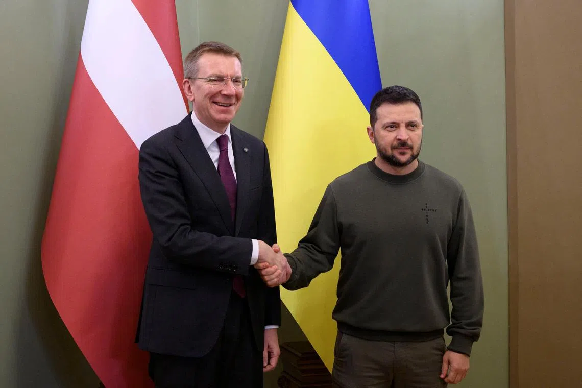 Ukraine's President Volodymyr Zelensky meets with Latvian President Edgars Rinkevics on Nov 24.