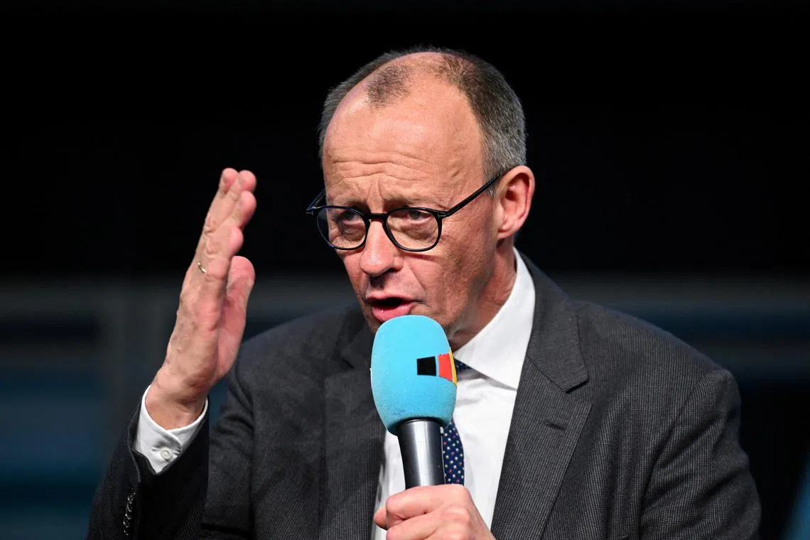 German conservative candidate for chancellor and Christian Democratic Union (CDU) party leader Friedrich Merz speaks, during a campaign event ahead of the upcoming 2025 general election, in Neubrandenburg, Germany, February 12, 2025. REUTERS/Annegret Hilse