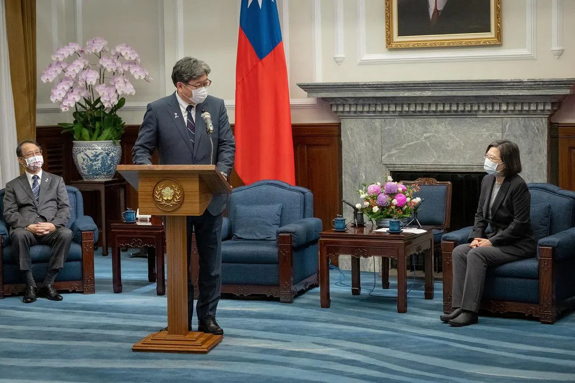 Koichi Hagiuda, policy chief for Japan's Liberal Democratic Party (LDP) speaks during his meeting with Taiwan President Tsai Ing-wen, in Taipei, Taiwan December 10, 2022. Taiwan Presidential Office/Handout via REUTERS  ATTENTION EDITORS - THIS IMAGE WAS PROVIDED BY A THIRD PARTY. NO RESALES. NO ARCHIVES.