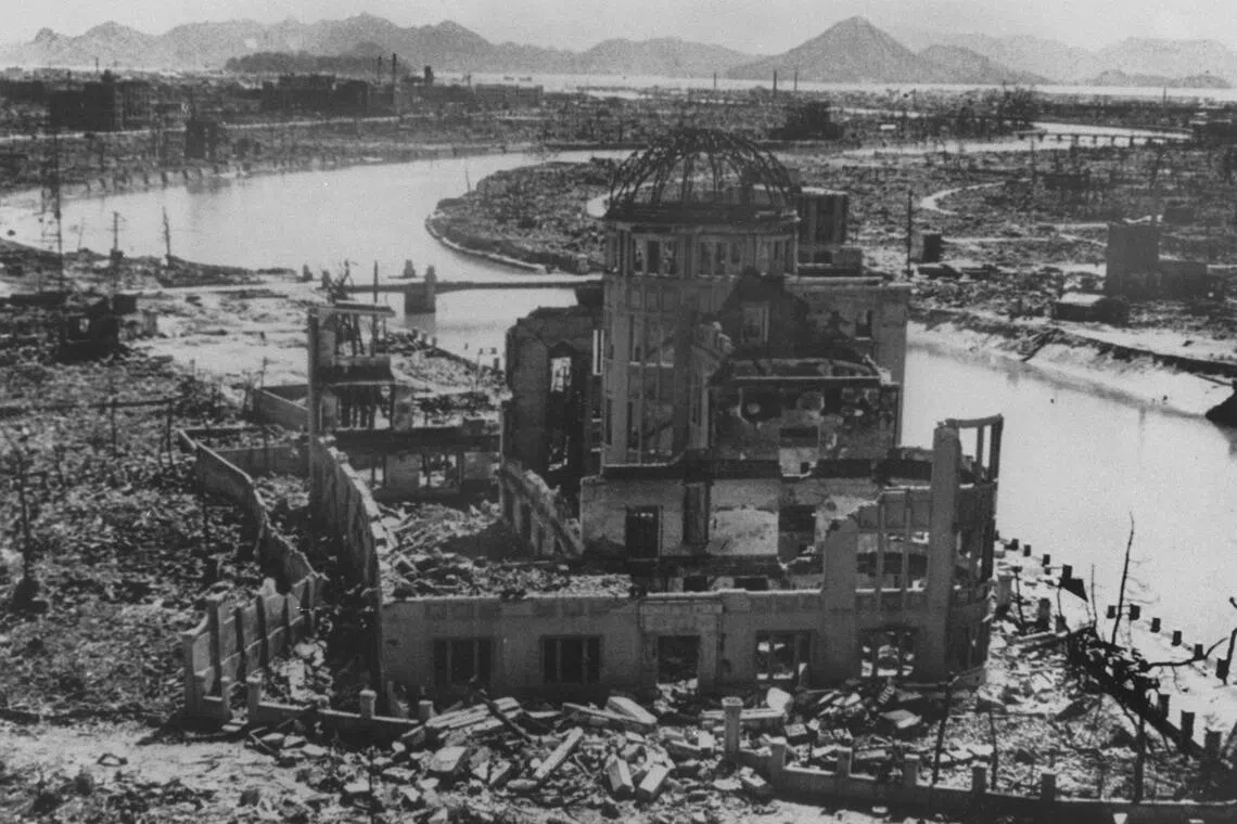 A photo dated September 1945 of the remains of the Prefectural Industry Promotion Building after the nuclear bombing of Hiroshima, Japan.