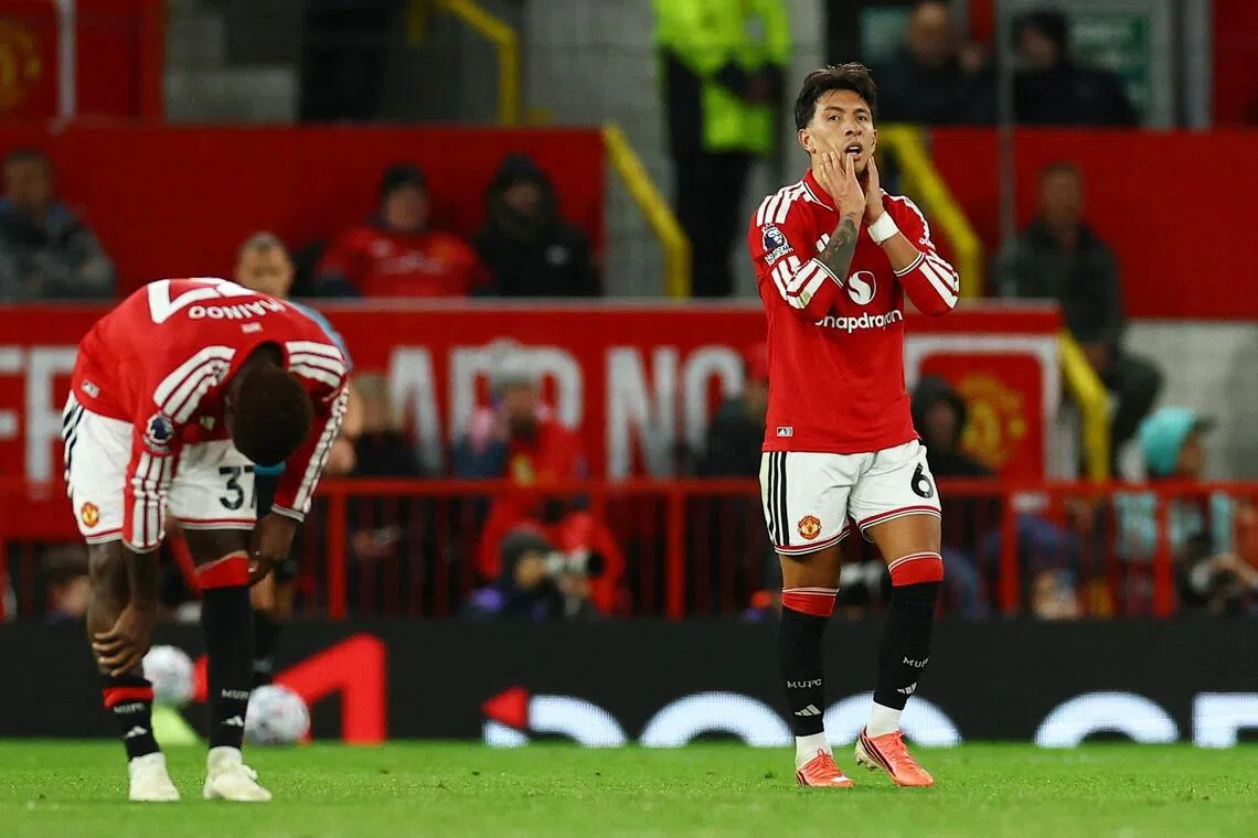 Manchester United’s Lisandro Martinez looking dejected after Tottenham Hotspur equalised in their 1-1 EPL draw on Oct 10.