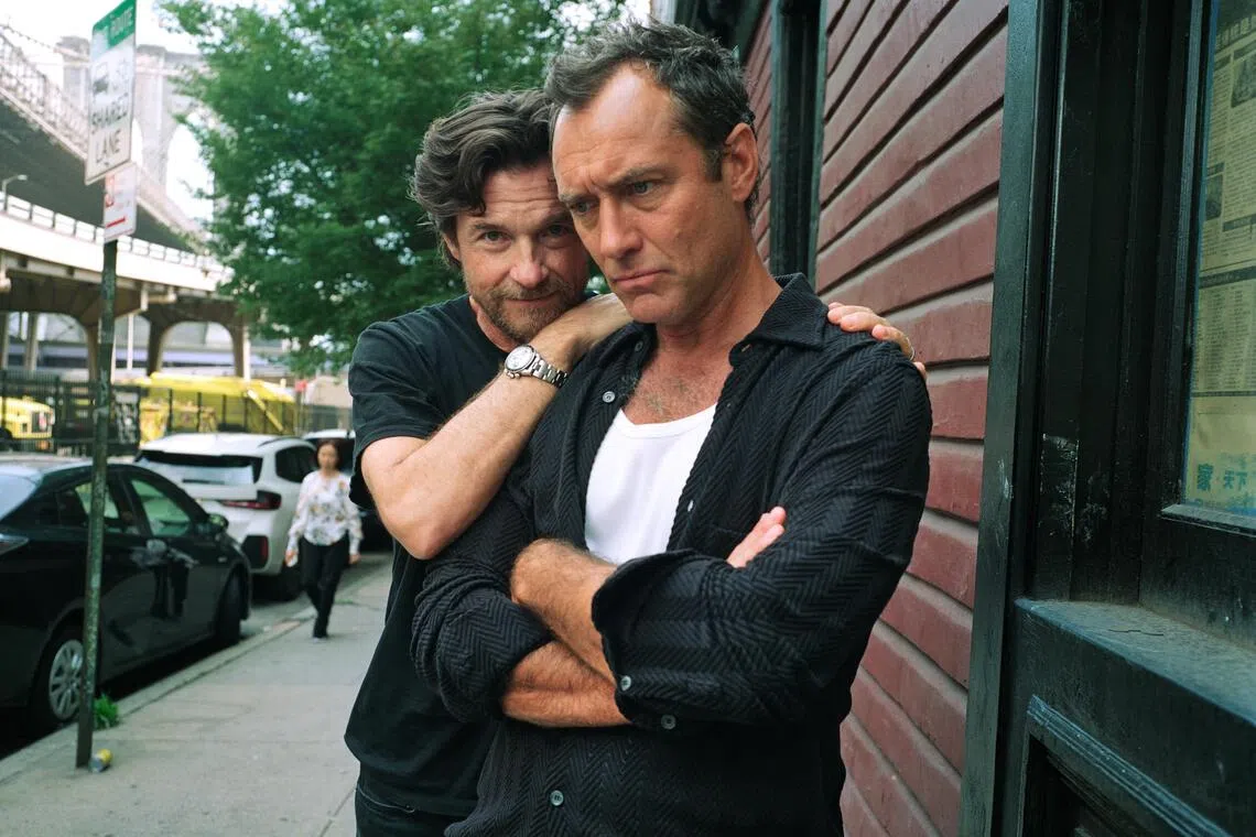 Jude Law (right) and Jason Bateman in New York in August 2025. The two actors play mutually toxic brothers in Black Rabbit, a new Netflix crime drama set amid the seedy underside of the downtown New York restaurant scene. 