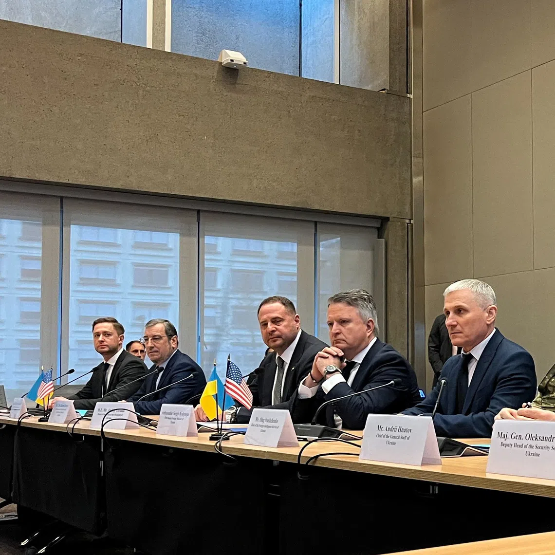 Ukrainian delegation, headed by presidential advisor Andriy Yermak before closed-door talks with a US delegation at the US Mission in Geneva, Switzerland.