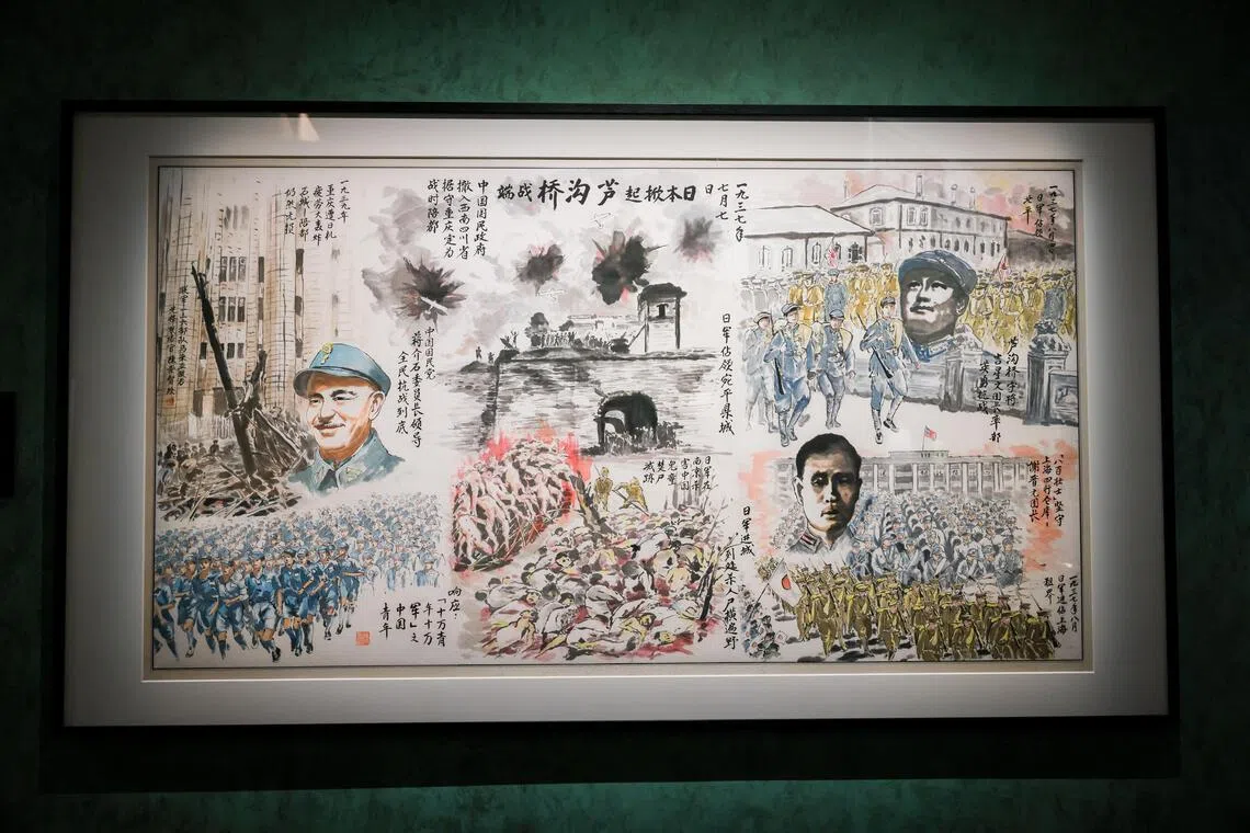 A painting by Singapore-born Tan Chong Tee depicting major events of the Sino-Japanese War, including the Marco Polo Bridge Incident, Battle of Shanghai and Nanking Massacre, is displayed in the revamped Singapore History Gallery at the National Museum of Singapore.